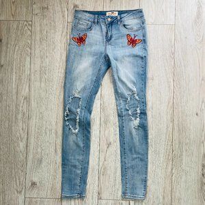 Mid-rise Skinny Ripped Open-Knee Embroidered Jeans